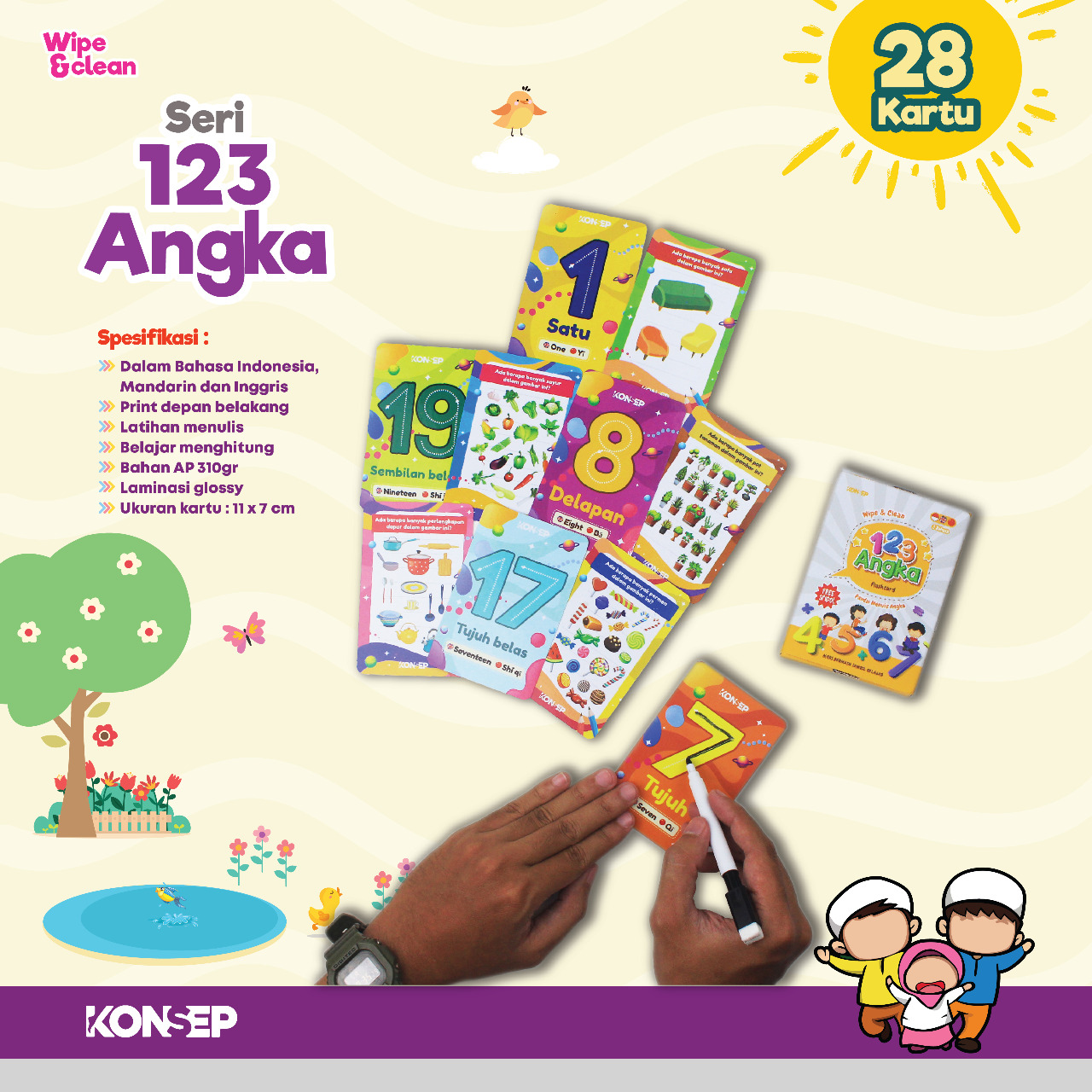 Flash Card Wipe & Clean 123 Angka - Kartu Belajar Anak Bergambar - Konsep Studio